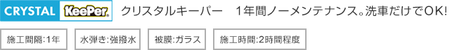 クリスタルキーパー　1年間ノーメンテナンス。洗車だけでOK！　施工間隔：1年　水弾き：強撥水　被膜：ガラス　施工時間：2時間